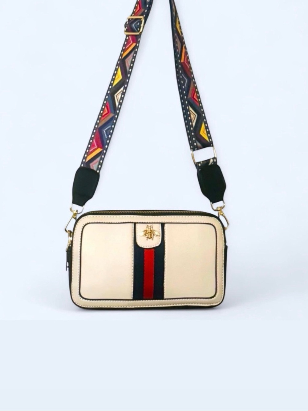Bee Accent Ivory Crossbody Bag with Boho Strap – Chic Street Style Saddle bag